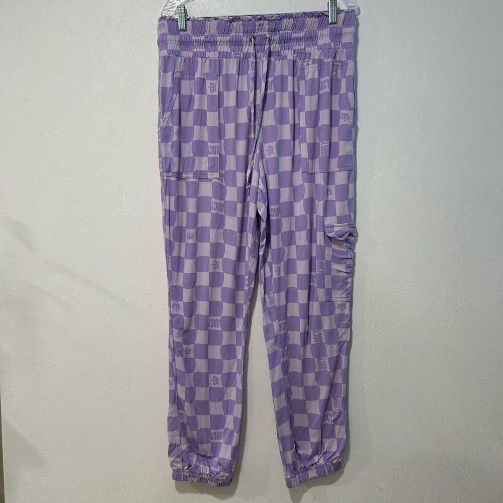 Juicy Couture Women’s XL Purple Checkered Jogger Pants Cargo Pockets Elastic Wai